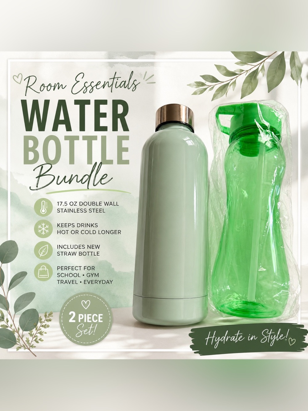 Room Essentials Mint Green 17.5 oz Stainless Steel Water Bottle & Green bottle